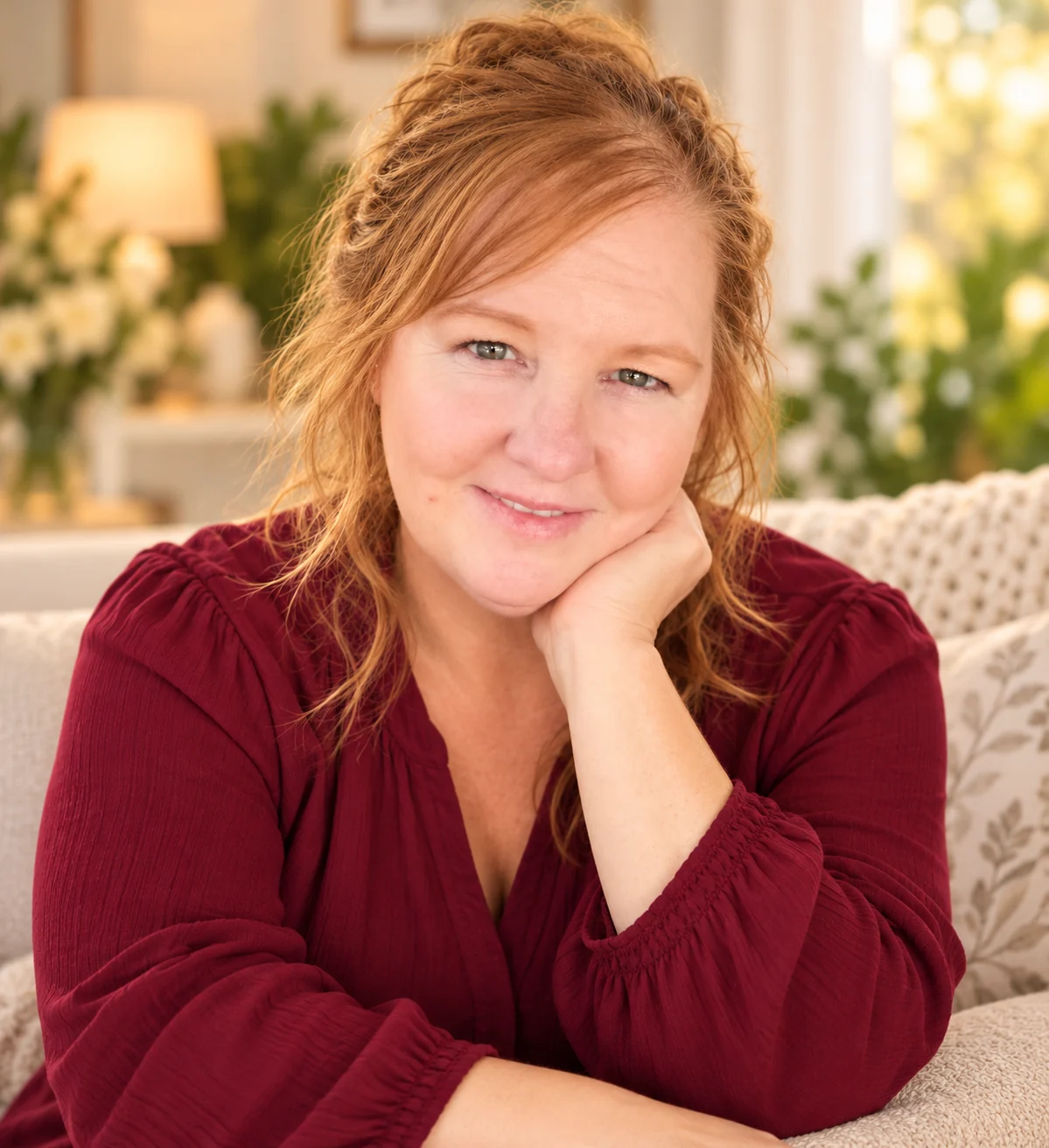 Karen Maschue smiling in a warm, welcoming setting, wearing a burgundy blouse